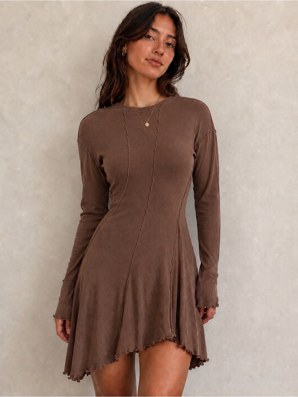 We The Free Chocolate Brown Long Sleeve Flared Dress ( Sample)